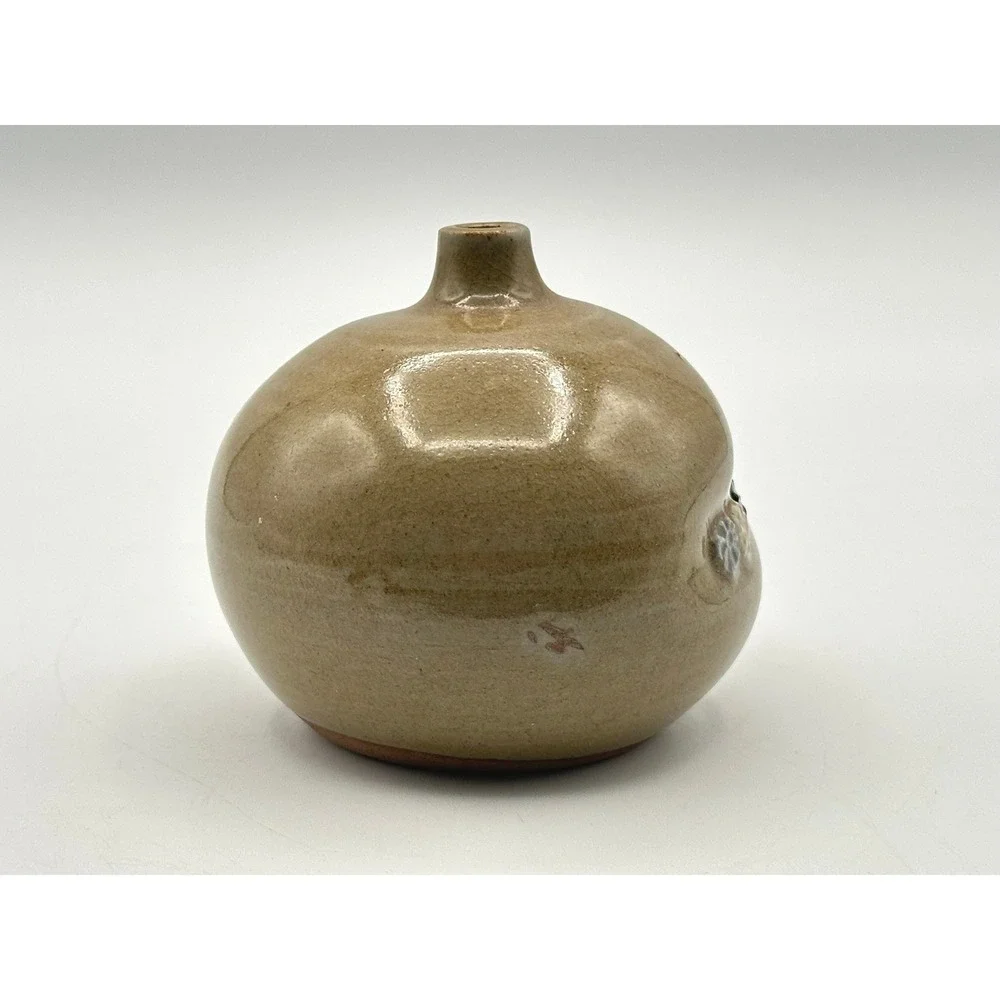 Vintage Studio Pottery Bud Vase Signed Tan Ceramic Floral Round Small 3.5in